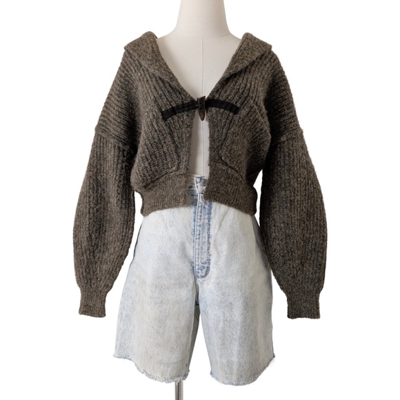 Tribal Knit Cardigan Cropped Long Balloon Sleeve Single Button Closure Collar - Picture 1 of 12